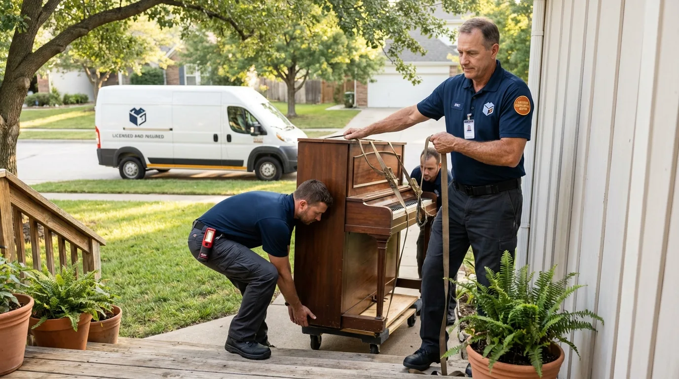 Licensed piano movers securing grand piano in Hazel Green, AL