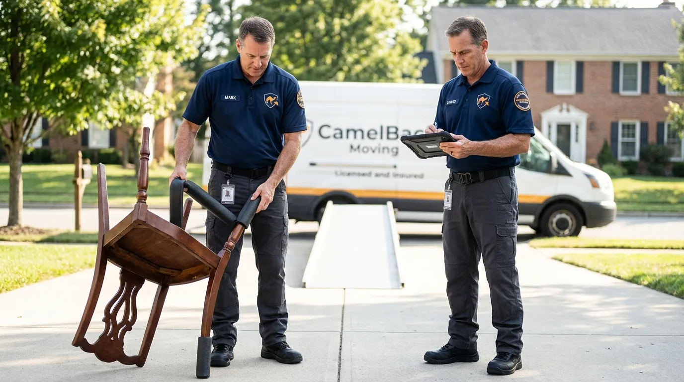 Movers inspecting furniture for damage prevention before loading in Hazel Green, AL