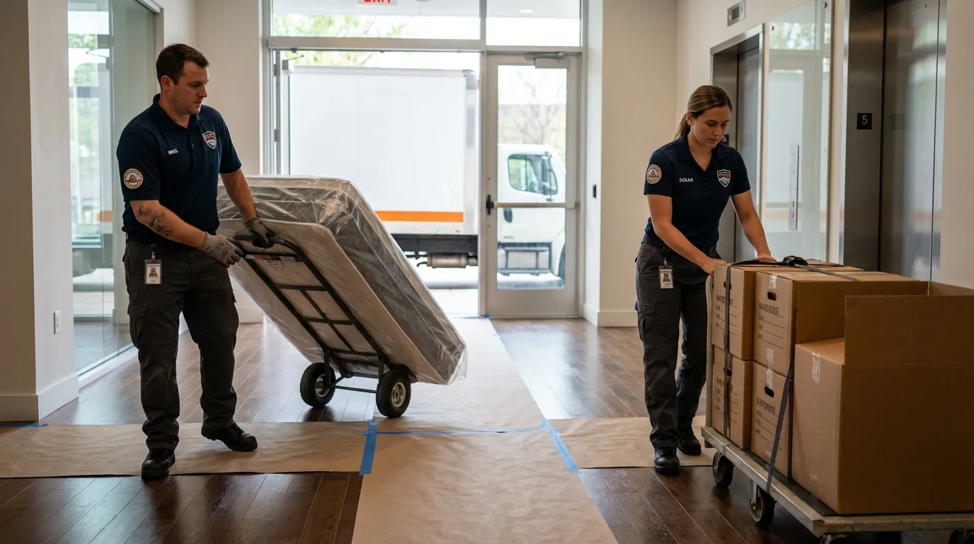 Professional apartment movers loading elevator in Hazel Green, AL