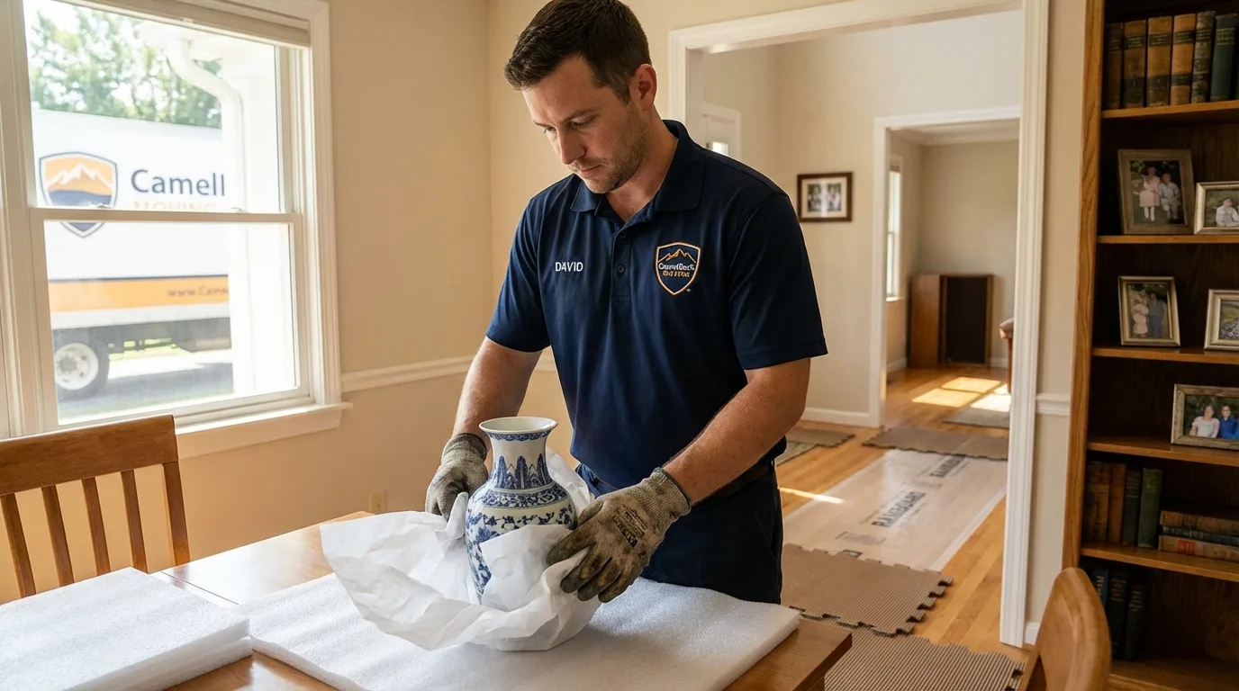 Professional crew carefully wrapping antique vase for senior downsizing move in Hazel Green, AL